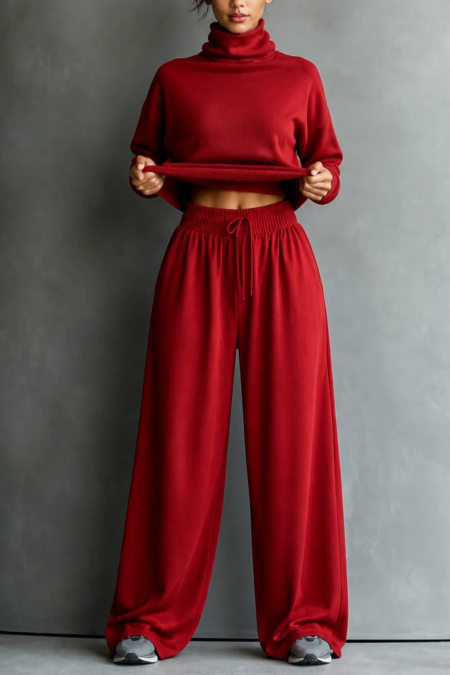 Dark Red Women's Turtleneck Pants Set with Wide-Leg Trousers in Brushed Knit
