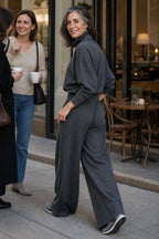 Grey Women's Turtleneck Pants Set with Wide-Leg Trousers in Brushed Knit — Meredith - Back Walking Outdoor