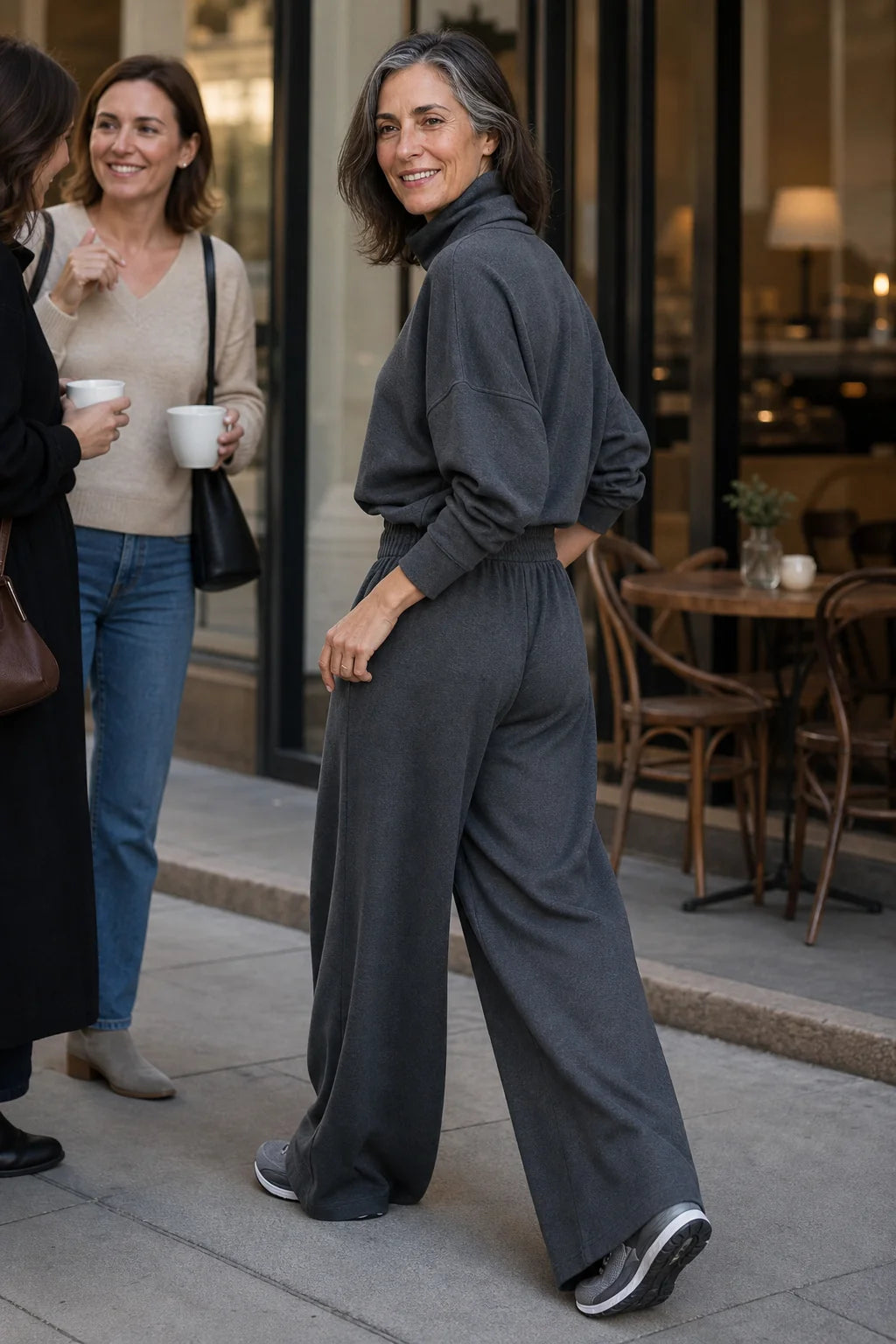 Grey Women's Turtleneck Pants Set with Wide-Leg Trousers in Brushed Knit — Meredith - Back Walking Outdoor