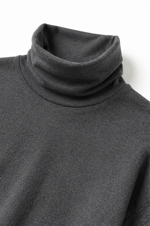 Grey Women's Turtleneck Pants Set with Wide-Leg Trousers in Brushed Knit — Meredith - Close Up Neckline