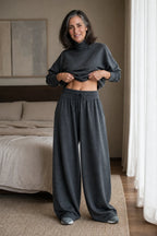Grey Women's Turtleneck Pants Set with Wide-Leg Trousers in Brushed Knit — Meredith - Front Full Bedroom