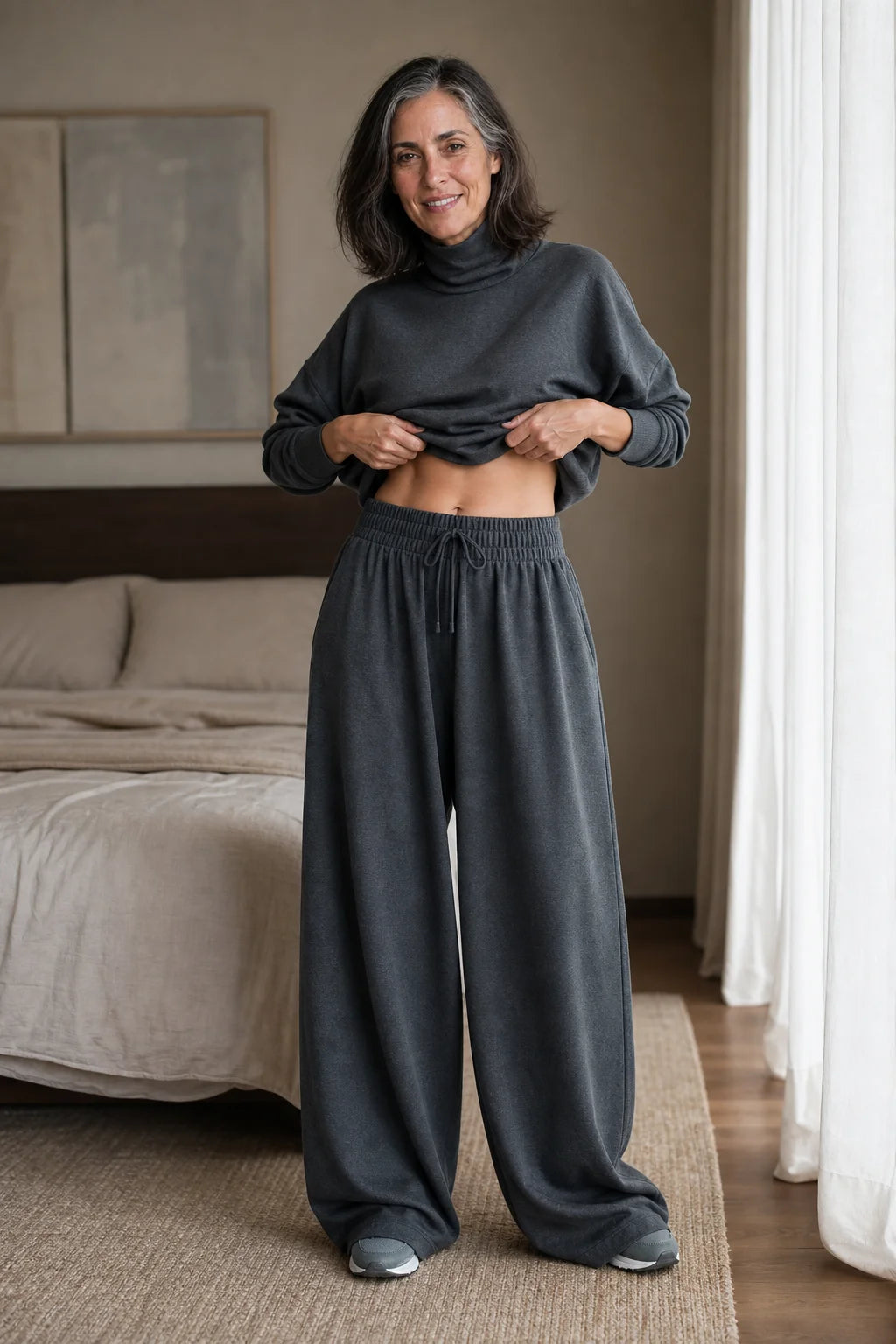 Grey Women's Turtleneck Pants Set with Wide-Leg Trousers in Brushed Knit — Meredith - Front Full Bedroom