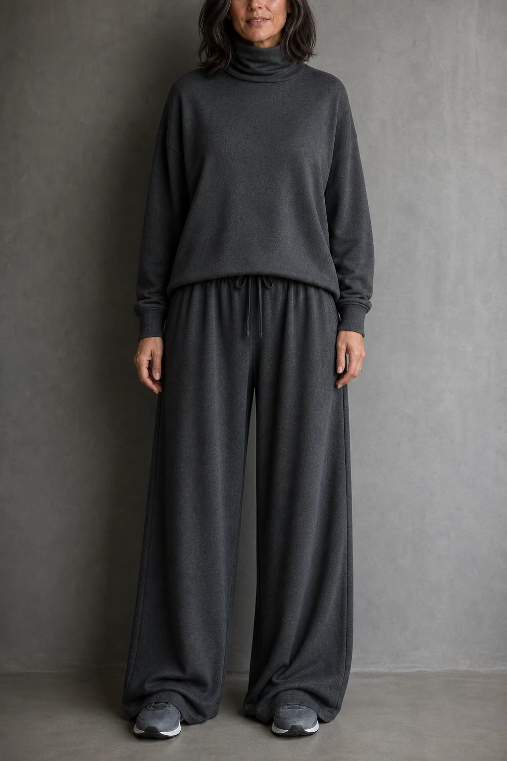 Women's Turtleneck Pants Set with Wide-Leg Trousers in Brushed Knit - Front Full Studio