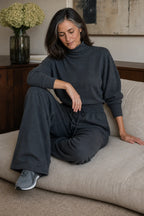 Grey Women's Turtleneck Pants Set with Wide-Leg Trousers in Brushed Knit — Meredith - Seated Sofa