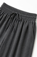 Grey Women's Turtleneck Pants Set with Wide-Leg Trousers in Brushed Knit — Meredith - Waistband Drawstring Detail