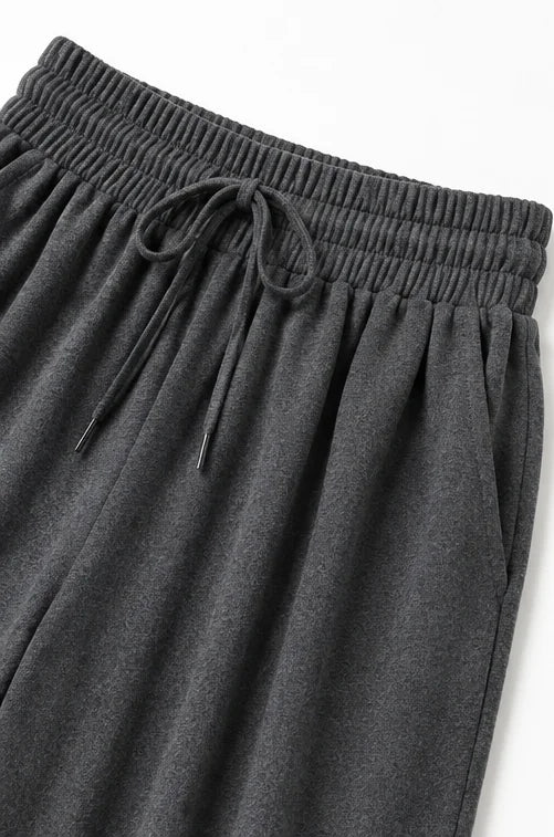 Grey Women's Turtleneck Pants Set with Wide-Leg Trousers in Brushed Knit — Meredith - Waistband Drawstring Detail