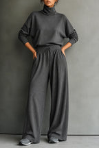 Grey Women's Turtleneck Pants Set with Wide-Leg Trousers in Brushed Knit — Meredith
