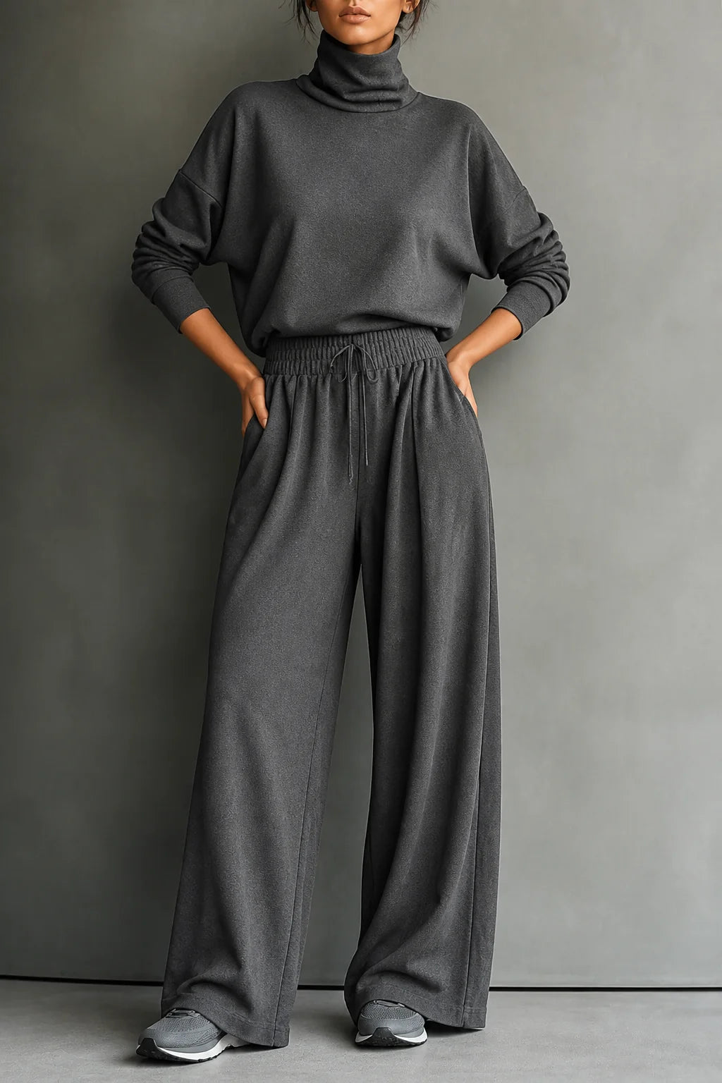 Grey Women's Turtleneck Pants Set with Wide-Leg Trousers in Brushed Knit — Meredith