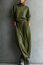 Olive Green Women's Turtleneck Pants Set with Wide-Leg Trousers in Brushed Knit — Meredith