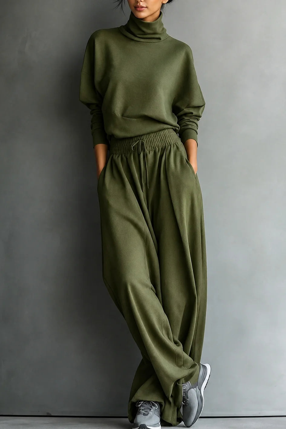 Olive Green Women's Turtleneck Pants Set with Wide-Leg Trousers in Brushed Knit — Meredith