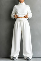 White Women's Turtleneck Pants Set with Wide-Leg Trousers in Brushed Knit