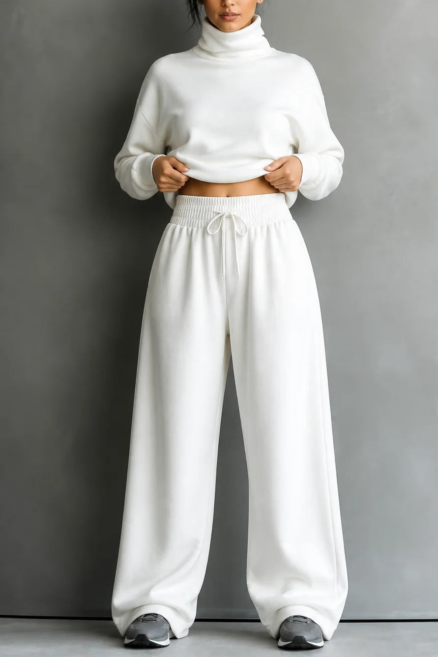 White Women's Turtleneck Pants Set with Wide-Leg Trousers in Brushed Knit