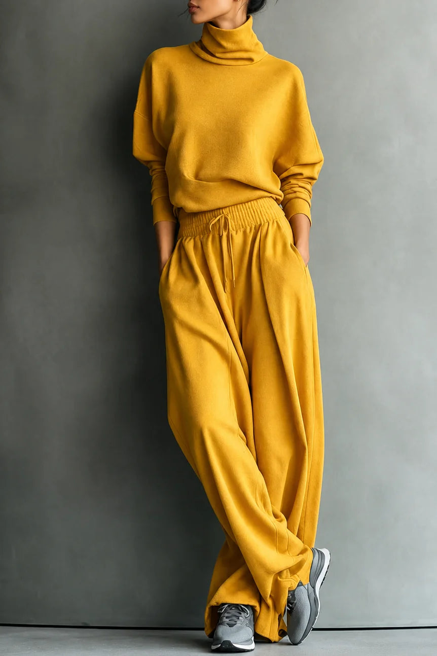 Yellow Women's Turtleneck Pants Set with Wide-Leg Trousers in Brushed Knit — Meredith