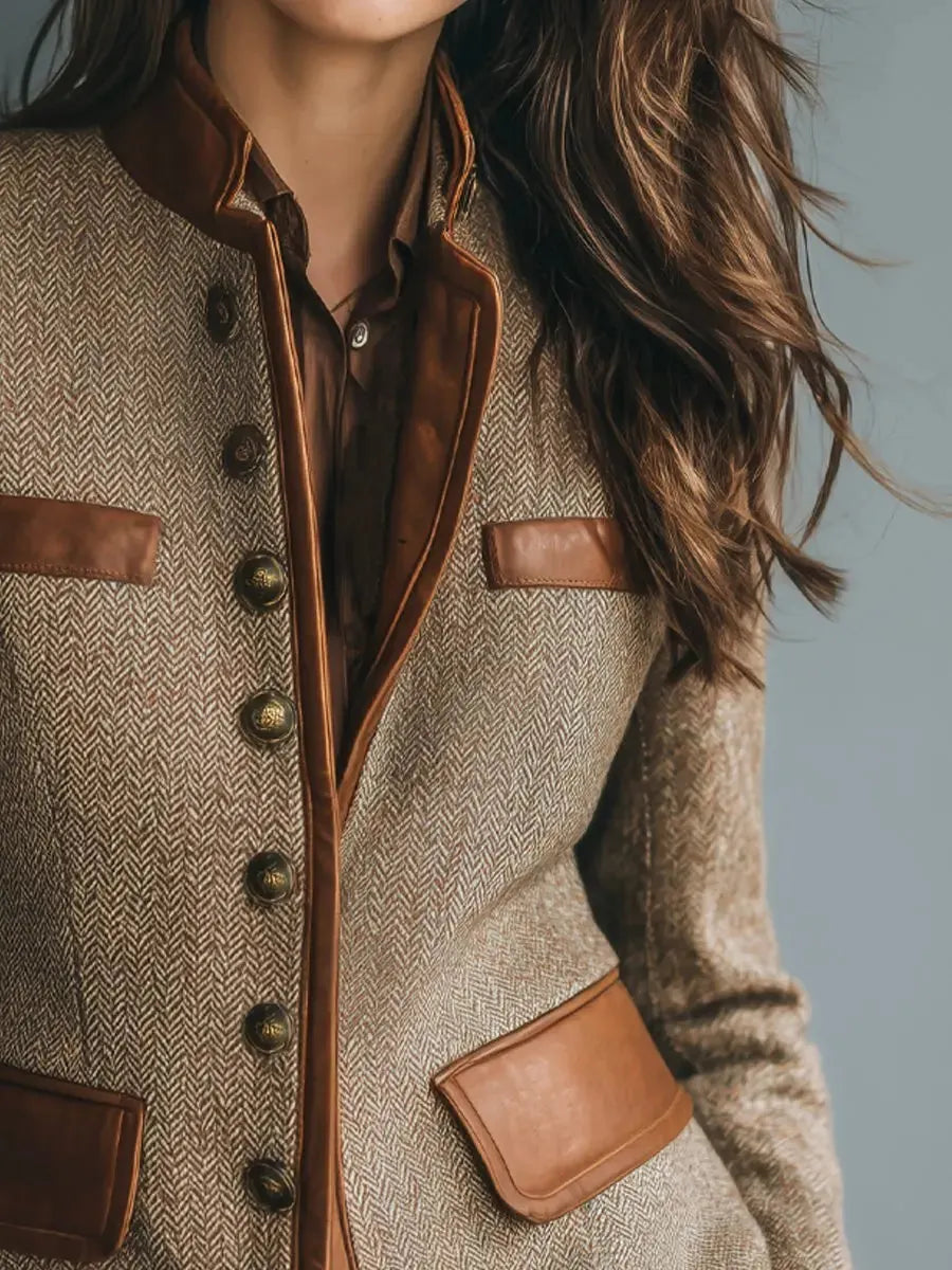 Brown Women's Herringbone Tweed Blazer with Leather Trim & Button-Front Closure — Tilly - Chest Detail