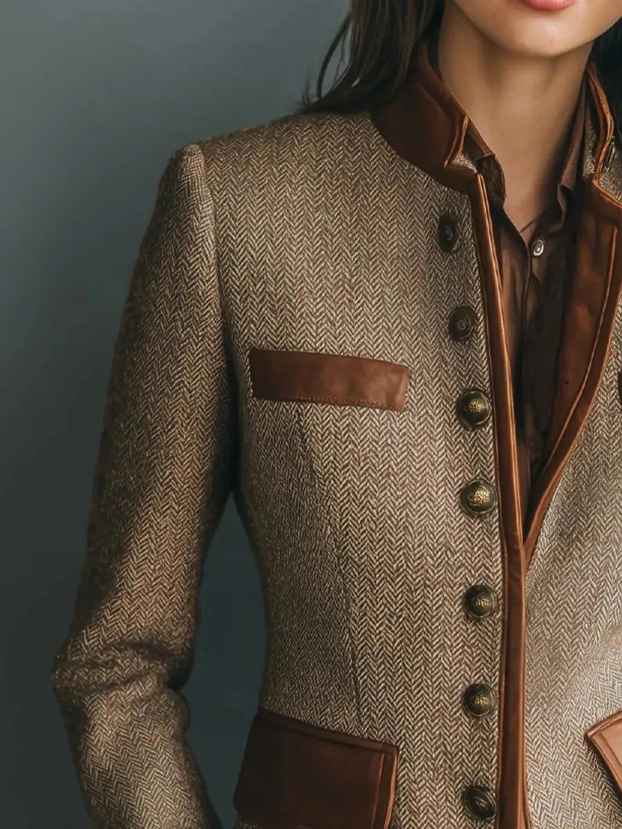Brown Women's Herringbone Tweed Blazer with Leather Trim & Button-Front Closure — Tilly - Close Up Collar