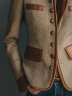 Brown Women's Herringbone Tweed Blazer with Leather Trim & Button-Front Closure — Tilly - Sleeve Pocket Detail