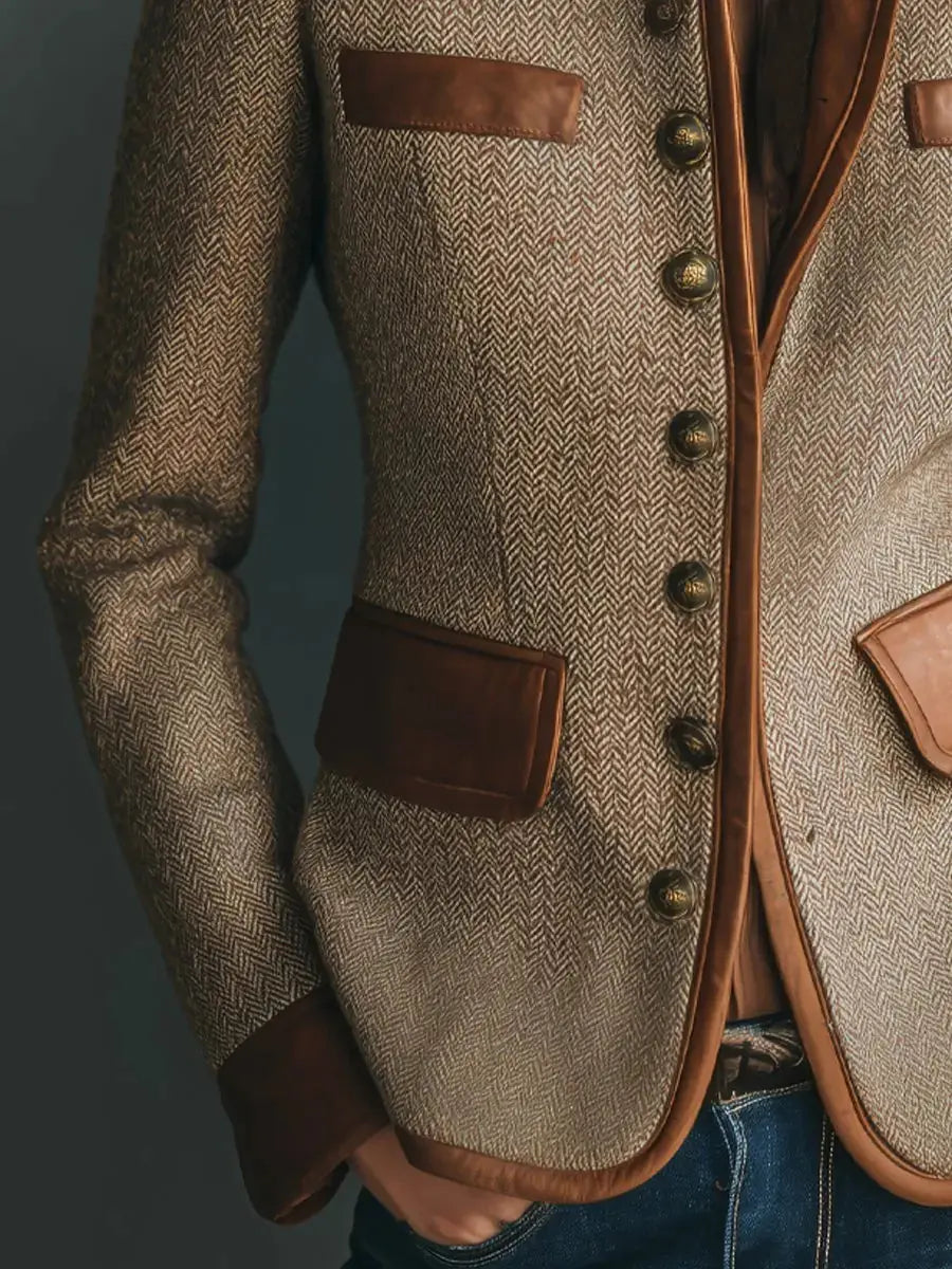 Brown Women's Herringbone Tweed Blazer with Leather Trim & Button-Front Closure — Tilly - Sleeve Pocket Detail
