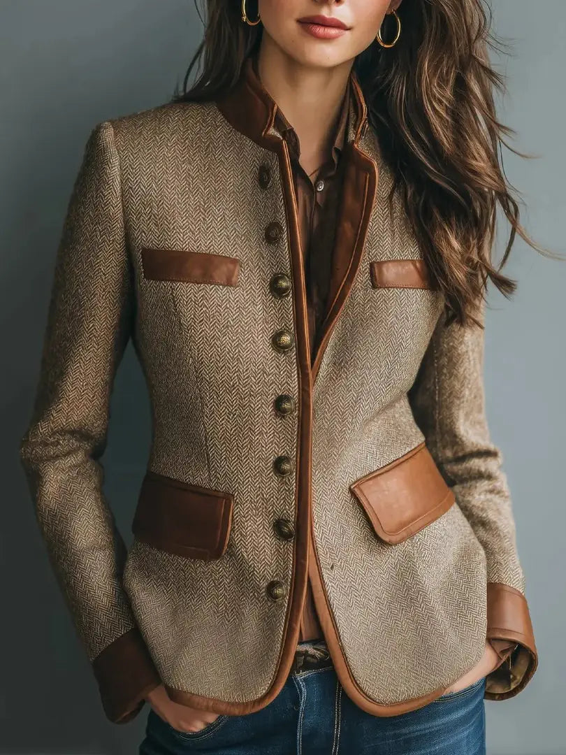 Brown Women's Herringbone Tweed Blazer with Leather Trim & Button-Front Closure
