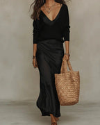Black Women's Two Piece Midi Dress Set with Relaxed V-Neck Sweater & Satin Slip Skirt
