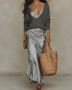 Grey Women's Two Piece Midi Dress Set with Relaxed V-Neck Sweater & Satin Slip Skirt