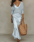 Light Blue Women's Two Piece Midi Dress Set with Relaxed V-Neck Sweater & Satin Slip Skirt
