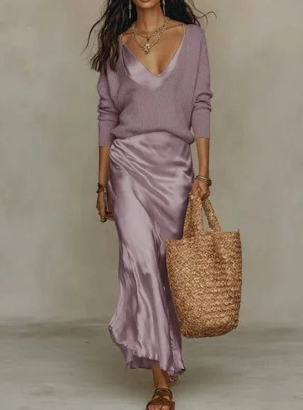Lilac Women's Two Piece Midi Dress Set with Relaxed V-Neck Sweater & Satin Slip Skirt