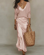 Pink Women's Two Piece Midi Dress Set with Relaxed V-Neck Sweater & Satin Slip Skirt