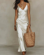 White Women's Two Piece Midi Dress Set with Relaxed V-Neck Sweater & Satin Slip Skirt — Lila - Slip Dress Front Full