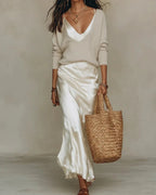 White Women's Two Piece Midi Dress Set with Relaxed V-Neck Sweater & Satin Slip Skirt