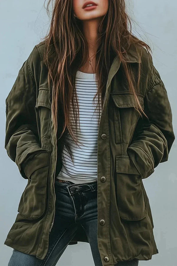 Green Women's Utility Jacket with Oversized Fit & Snap-Button Pockets