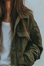 Green Women's Utility Jacket with Oversized Fit & Snap-Button Pockets - Close Up Pocket Detail