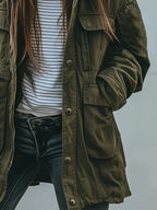 Green Women's Utility Jacket with Oversized Fit & Snap-Button Pockets - Side Pose Detail