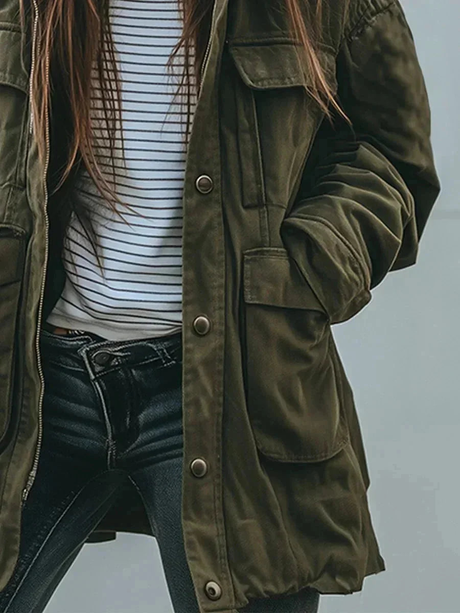 Green Women's Utility Jacket with Oversized Fit & Snap-Button Pockets - Side Pose Detail