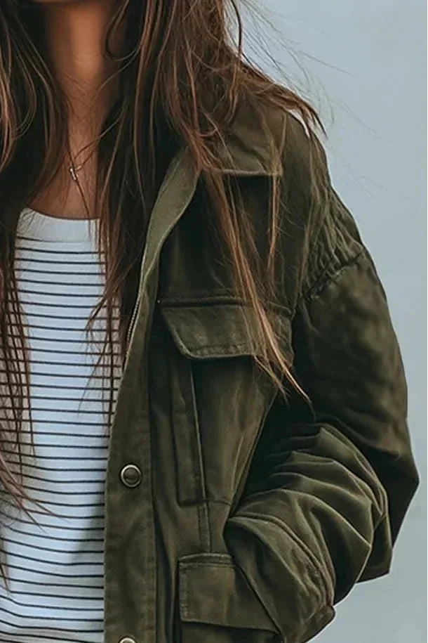 Green Women's Utility Jacket with Oversized Fit & Snap-Button Pockets - Torso Detail