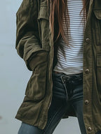 Green Women's Utility Jacket with Oversized Fit & Snap-Button Pockets