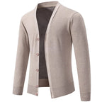6971 Beige Men's V-Neck Cardigan with Button-Front Placket & Ribbed Cuffs