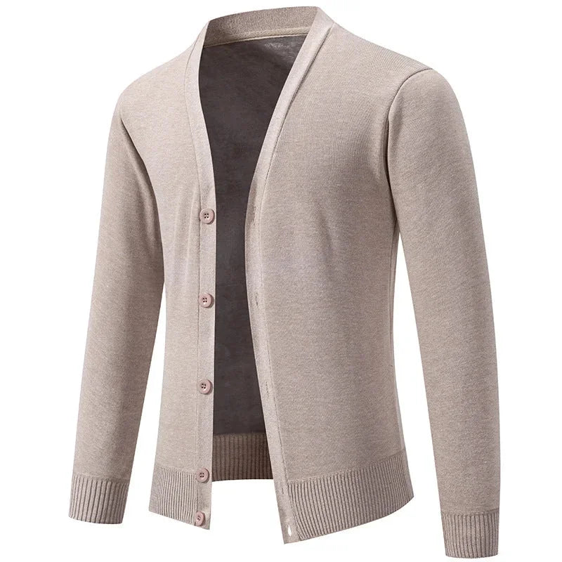 6971 Beige Men's V-Neck Cardigan with Button-Front Placket & Ribbed Cuffs