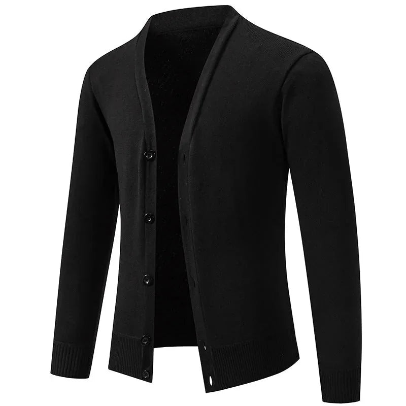 Men's V-Neck Cardigan with Button-Front Placket & Ribbed Cuffs - Side Angle Open
