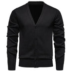 6971 Black Men's V-Neck Cardigan with Button-Front Placket & Ribbed Cuffs