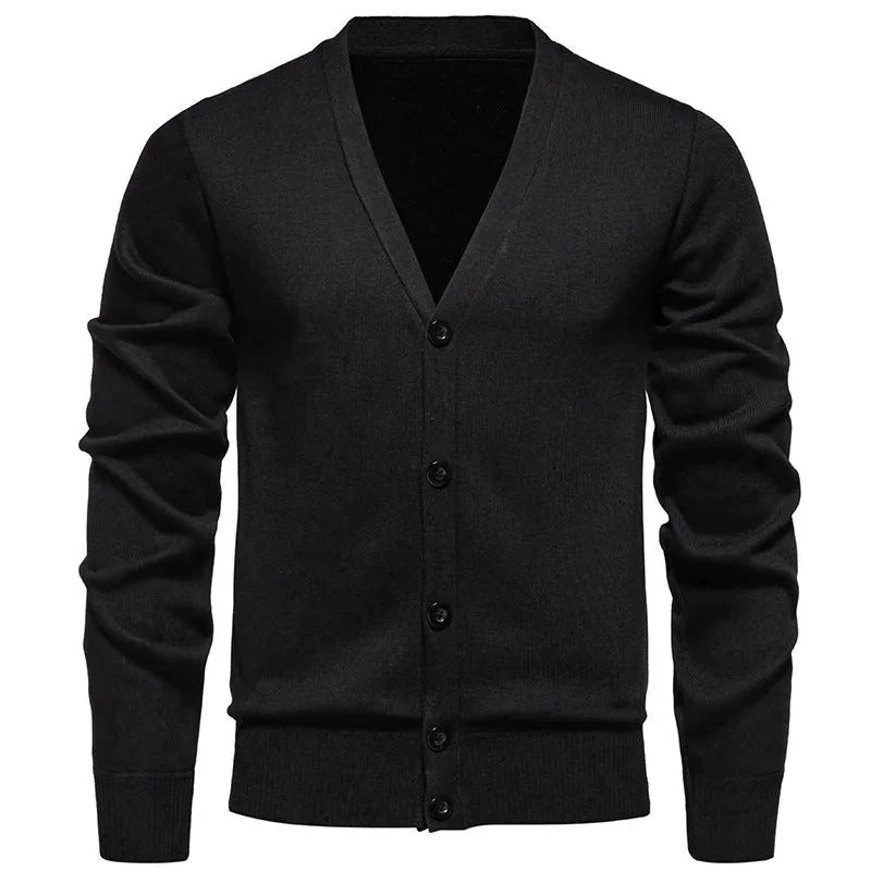 6971 Black Men's V-Neck Cardigan with Button-Front Placket & Ribbed Cuffs