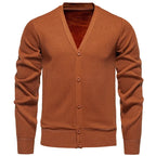 6971 Caramel Men's V-Neck Cardigan with Button-Front Placket & Ribbed Cuffs - Front Full Pose