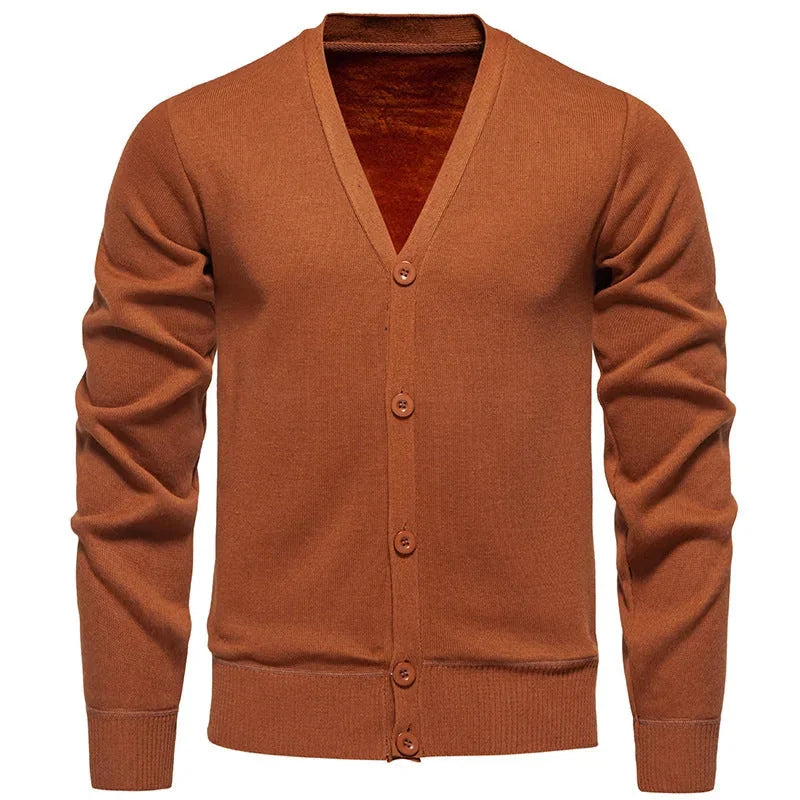 6971 Caramel Men's V-Neck Cardigan with Button-Front Placket & Ribbed Cuffs - Front Full Pose