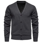 6971 Dark gray Men's V-Neck Cardigan with Button-Front Placket & Ribbed Cuffs - Front Full View