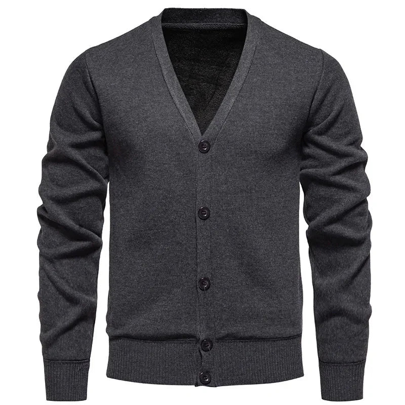 6971 Dark gray Men's V-Neck Cardigan with Button-Front Placket & Ribbed Cuffs - Front Full View
