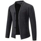 Men's V-Neck Cardigan with Button-Front Placket & Ribbed Cuffs - Dark Gray