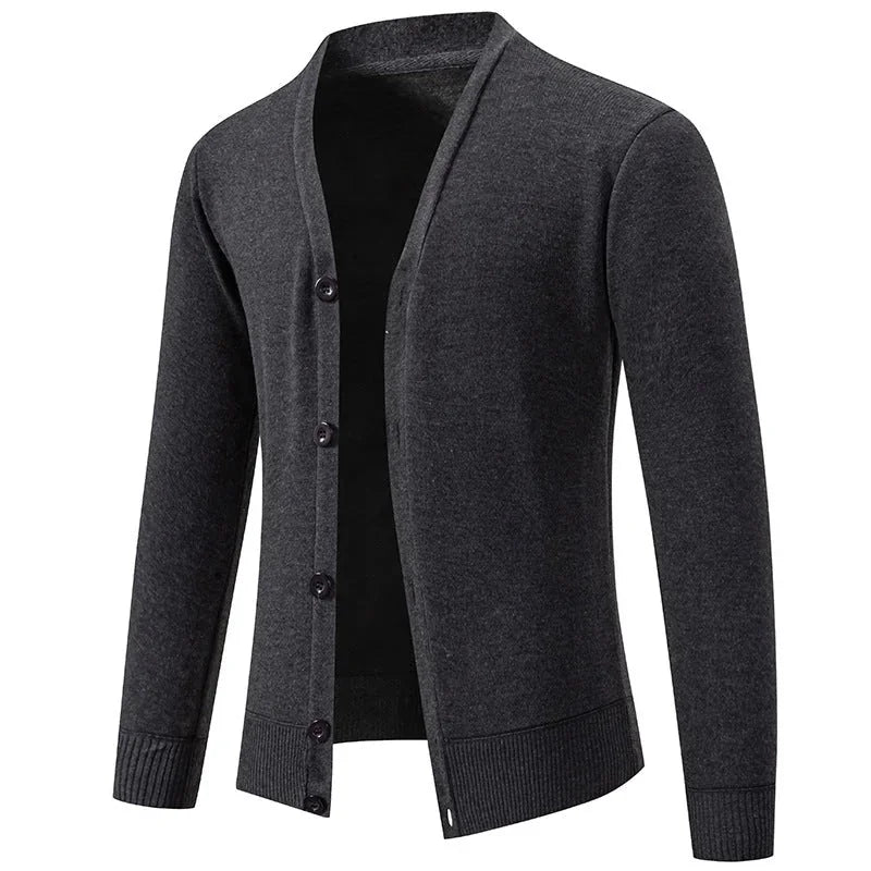 Men's V-Neck Cardigan with Button-Front Placket & Ribbed Cuffs - Dark Gray