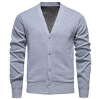 6971 Light Gray Men's V-Neck Cardigan with Button-Front Placket & Ribbed Cuffs - Front Full