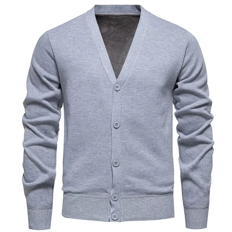 6971 Light Gray Men's V-Neck Cardigan with Button-Front Placket & Ribbed Cuffs - Front Full
