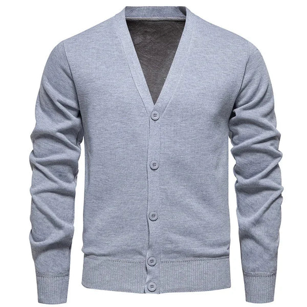 6971 Light Gray Men's V-Neck Cardigan with Button-Front Placket & Ribbed Cuffs - Front Full