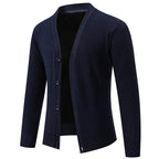 Men's V-Neck Cardigan with Button-Front Placket & Ribbed Cuffs - Navy Side Open View